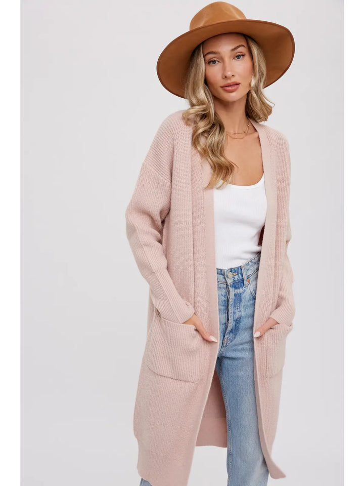 Ribbed Open Front Cardigan in Blush