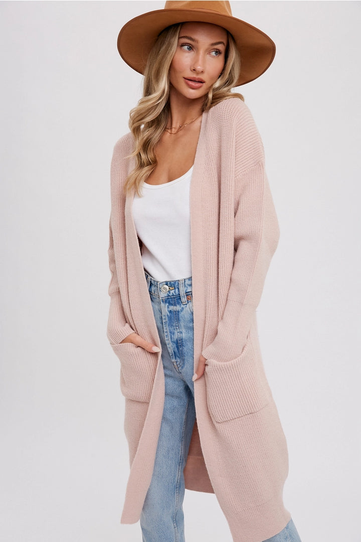 Ribbed Open Front Cardigan in Blush