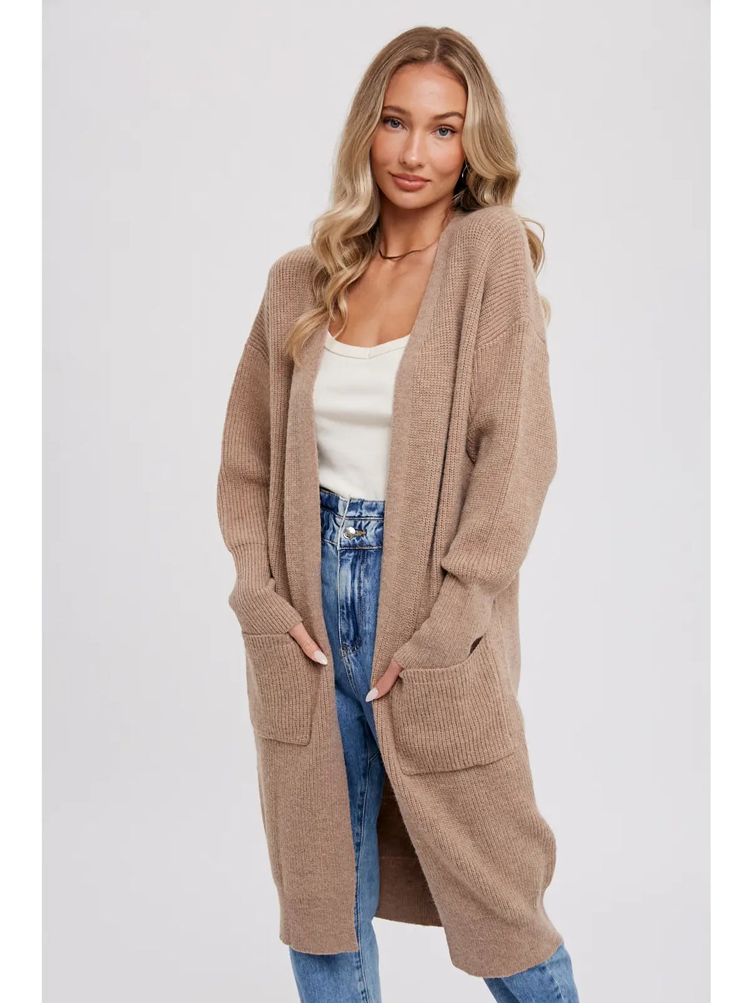Ribbed Open Front Cardigan in Latte