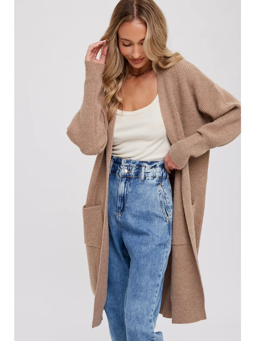 Ribbed Open Front Cardigan in Latte