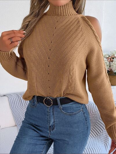 Cable-Knit Turtleneck Cold Shoulder Sweater
