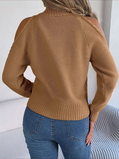 Cable-Knit Turtleneck Cold Shoulder Sweater