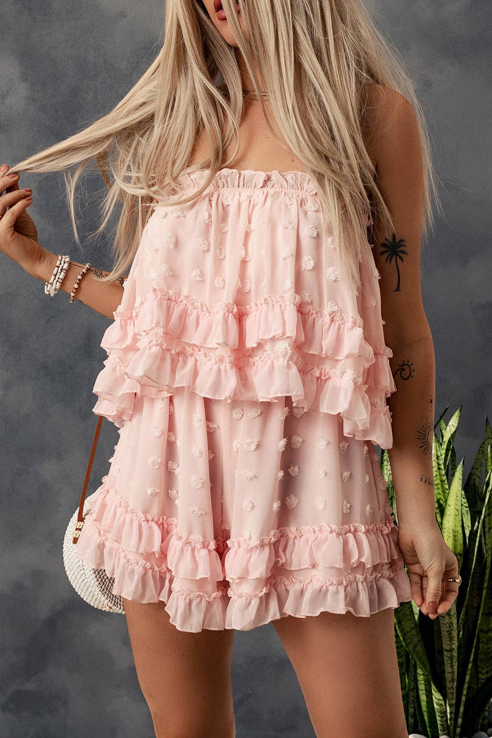 FULL TIME PURCHASE - Pink Swiss Dot Frill Tiered Strapless Romper